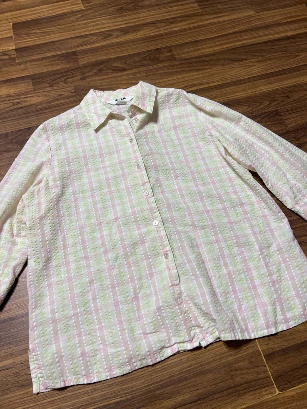Alia Sport Petite Pink and Green Striped Seersucker Button-Down Shirt